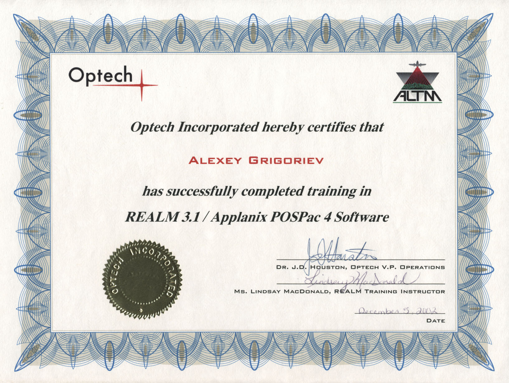 2002 - Optech Incorporated. REALM 3.1 / Applanix POSPac 4 software training